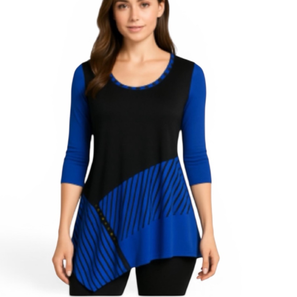 Vintage Inside Out Asymmetrical Scooped Neck Blue Black Tunic Top 3/4 Sleeve XL